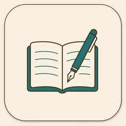 Ícone do Monolog: caderno aberto e caneta, em creme, teal e castanho.