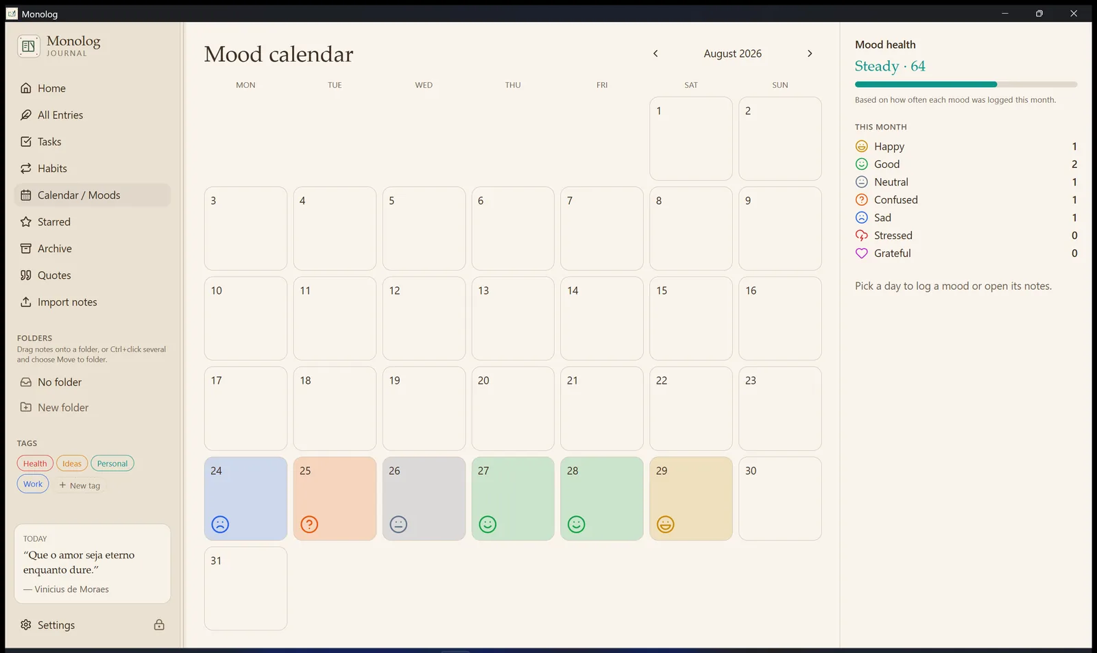 Calendário de humores do Monolog, vazio — só os dias do mês.