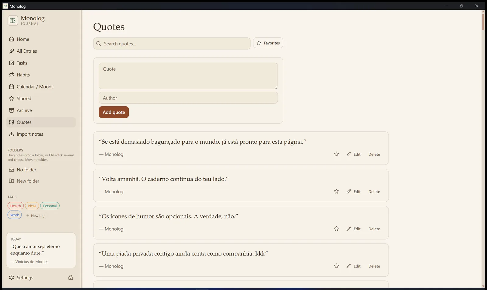 Ecrã de citações do Monolog: campo para frase e autor, lista de citações de exemplo do programa.