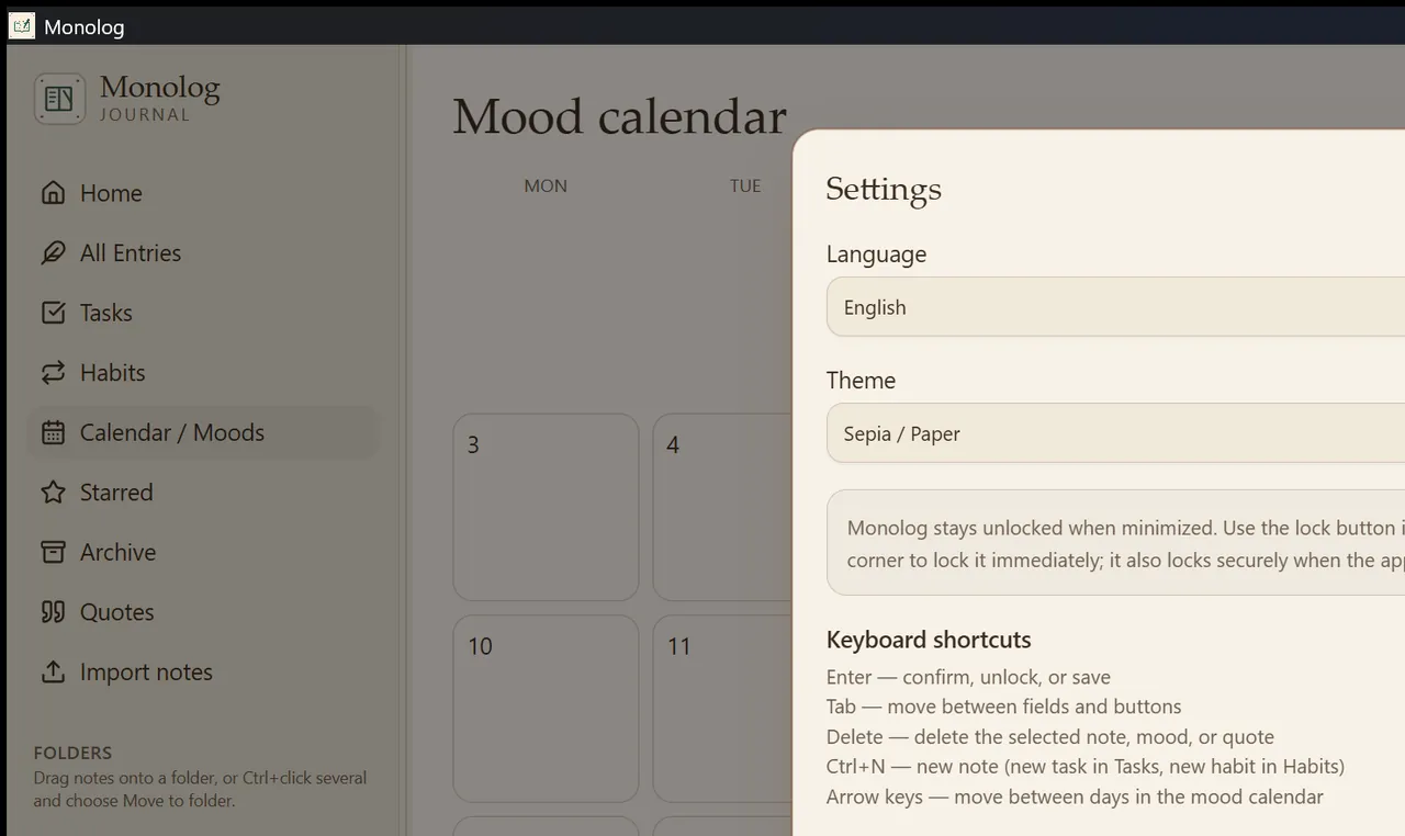 Janela de definições do Monolog sobre o calendário: idioma, tema papel, atalhos.