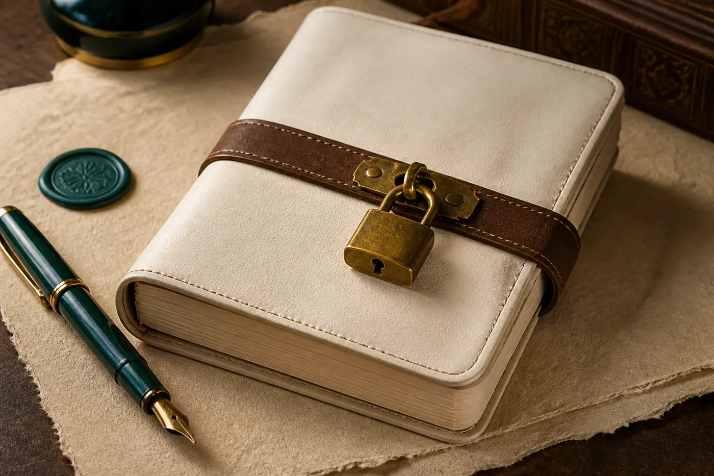 Caderno de couro creme fechado com cadeado de latão sobre papel velho.